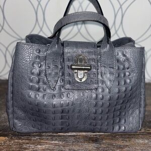 Grey Croc Embossed Leather Top Handle Satchel Turn Lock